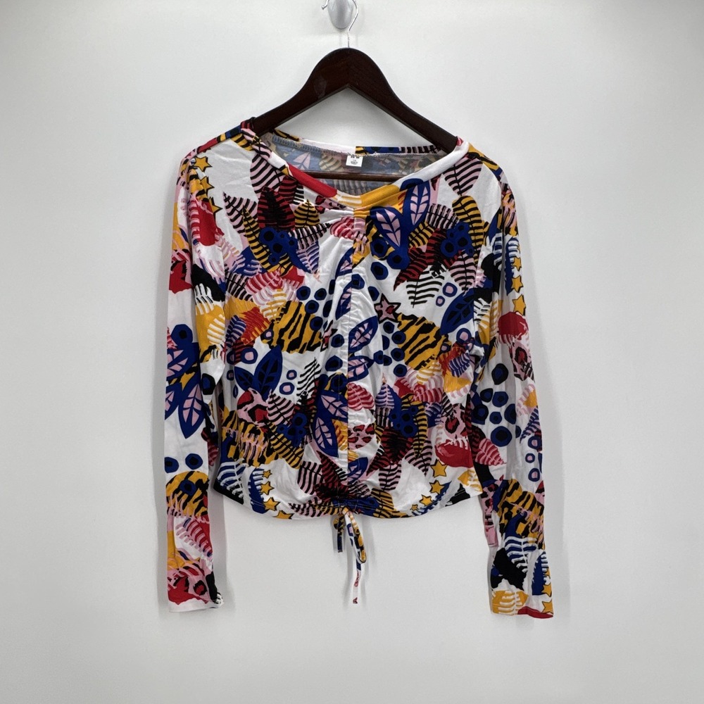 It's 1X Abstract Print Ruched Front Tie Crop Top Long Sleeve Colorful Y2K